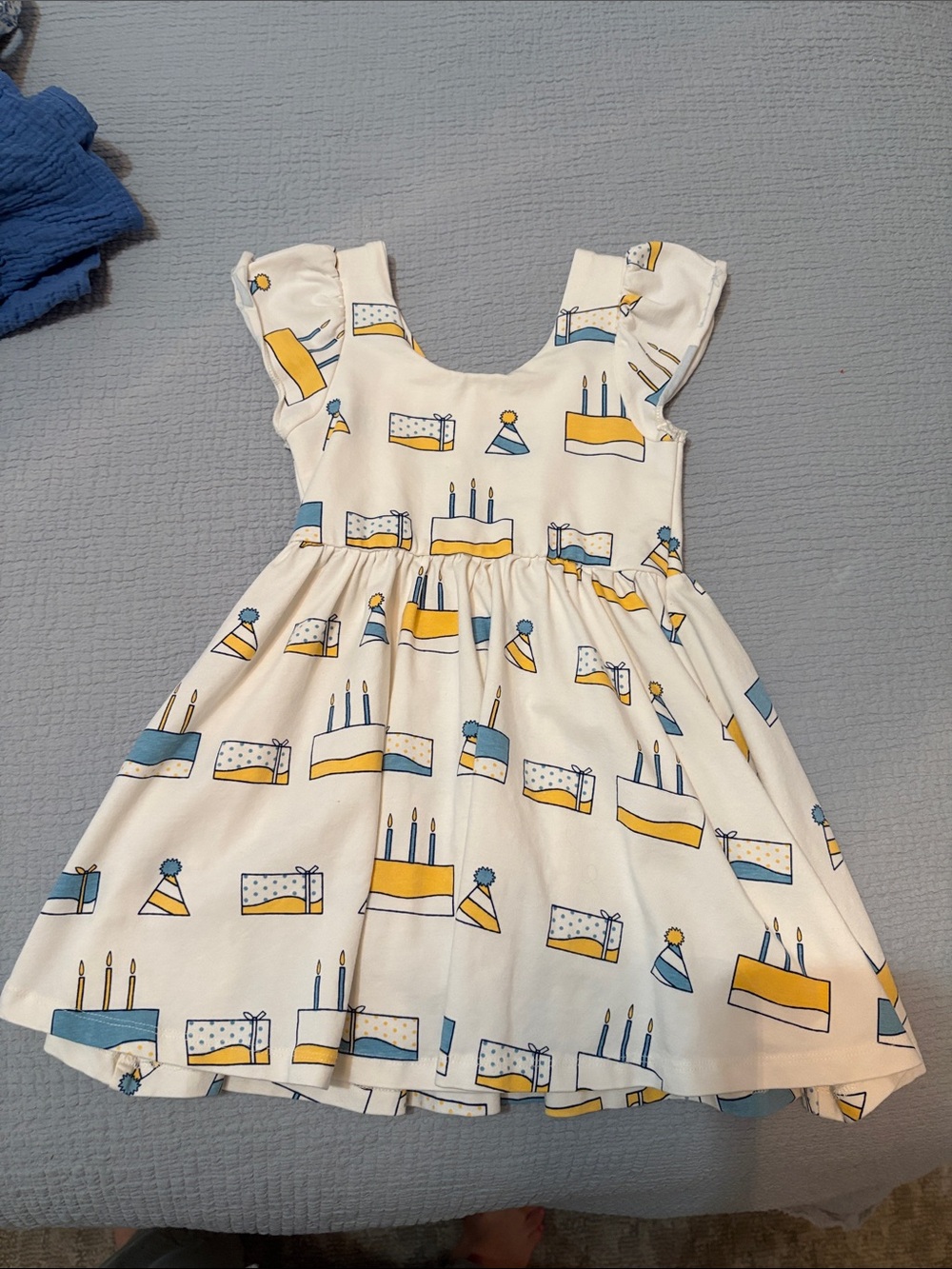 Cream Girls' Party Cake Print Dress with Yellow & Blue Accents
